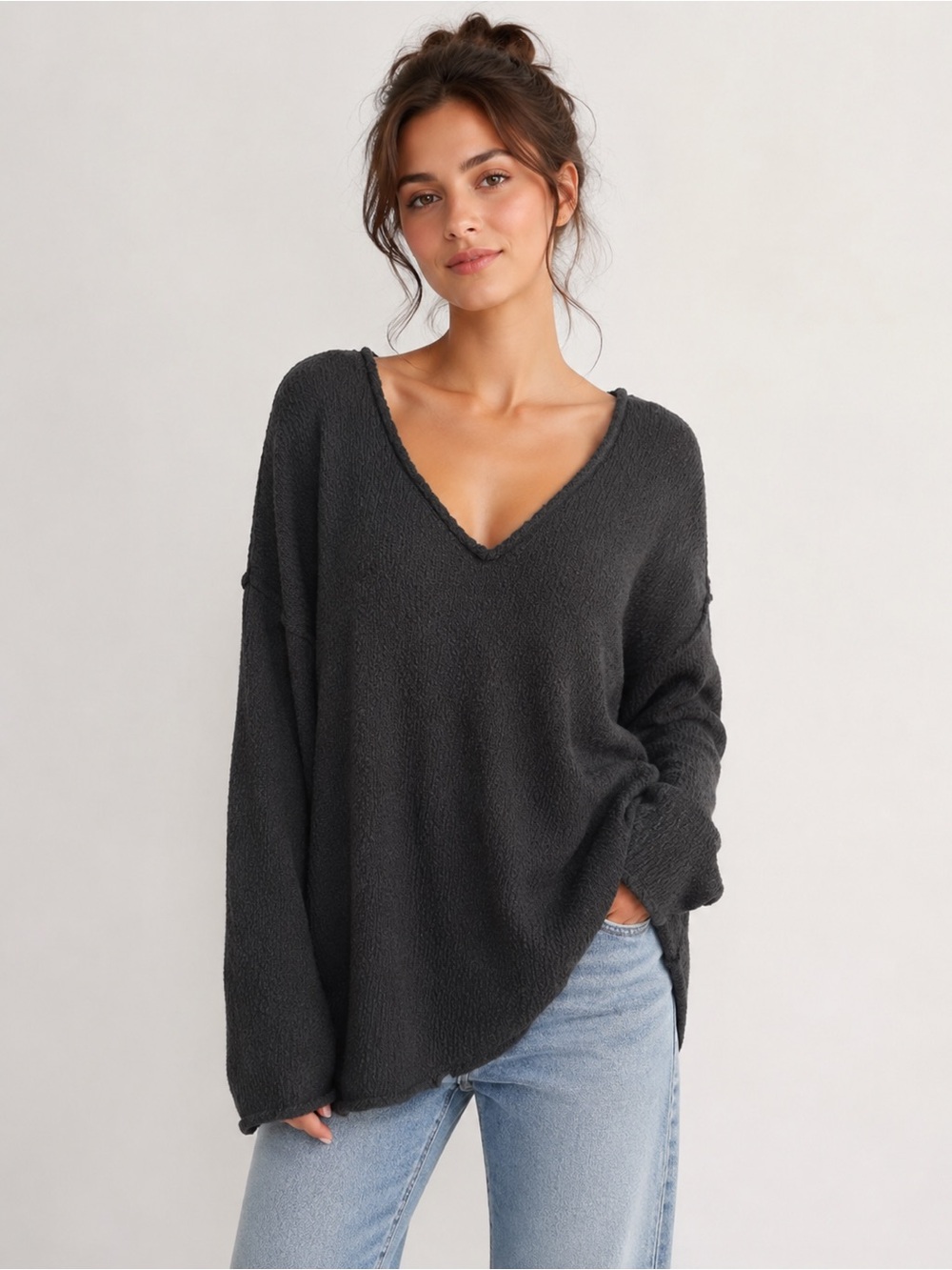 Aerie Oversized Black Knit Sweater Soft Slouchy V Neck Pullover S